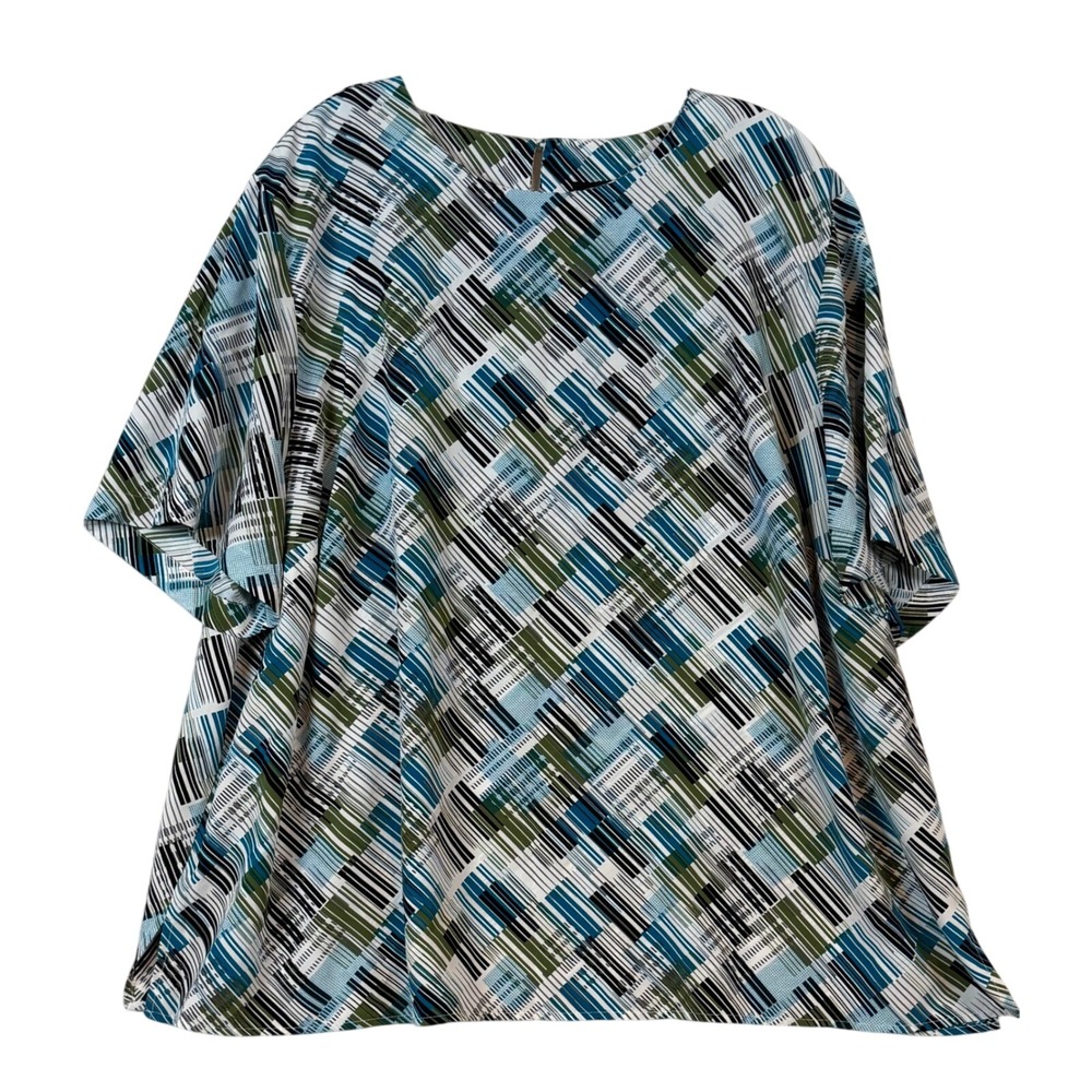 Maggie Barnes Women 2X‎ Plus Teal Geometric Abstract Print Blouse Top 22/24W Mod
